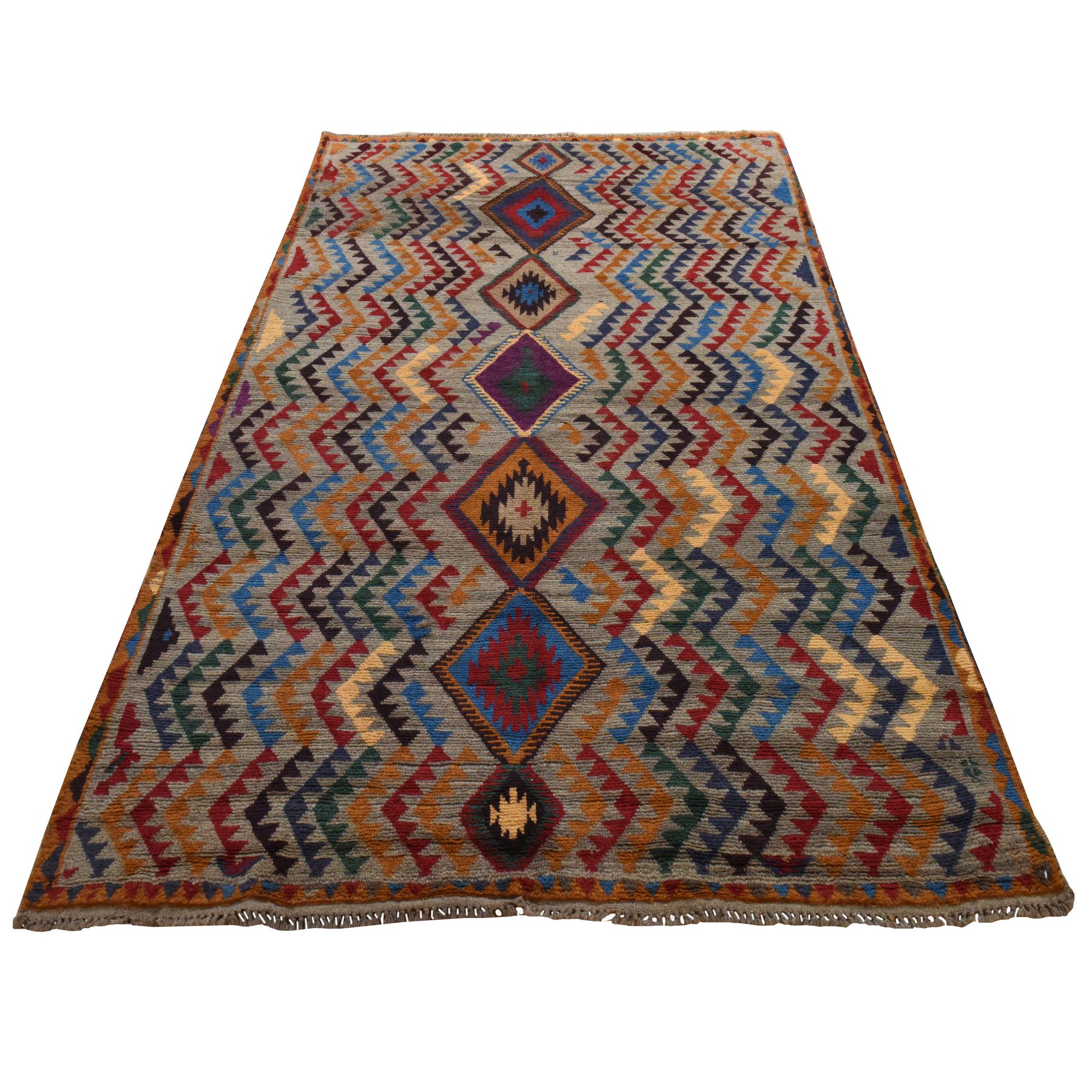 5'8"x7'6" Gray, Colorful Afghan Baluch, Tribal Design, 100% Wool, Hand Knotted, Oriental Rug 